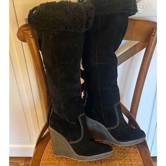 Steve Madden Carleyy black suede 3” wedge faux fur tall boot 8 - Picture 2 of 9